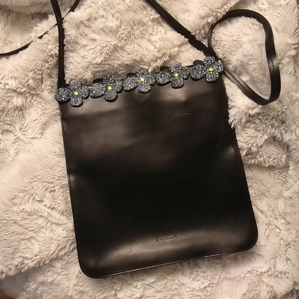 FURLA Black Leather Messenger Crossbody Bag with Bling And Flower Details